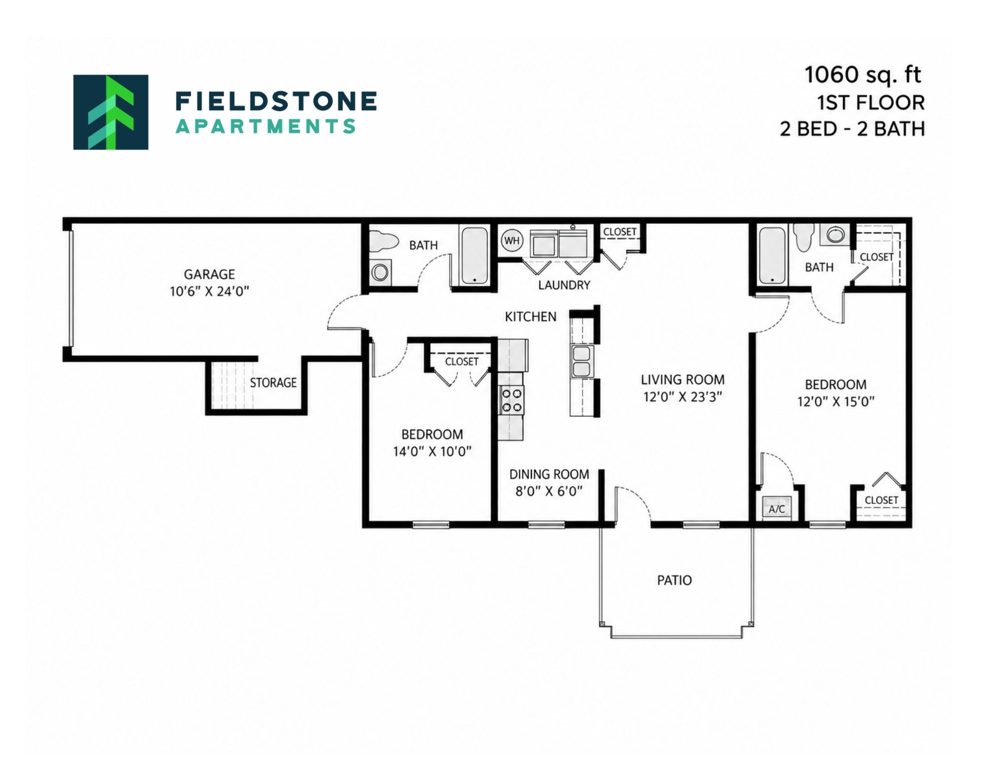 Floor plan for 2 beds, 2 baths, 1060 sqft